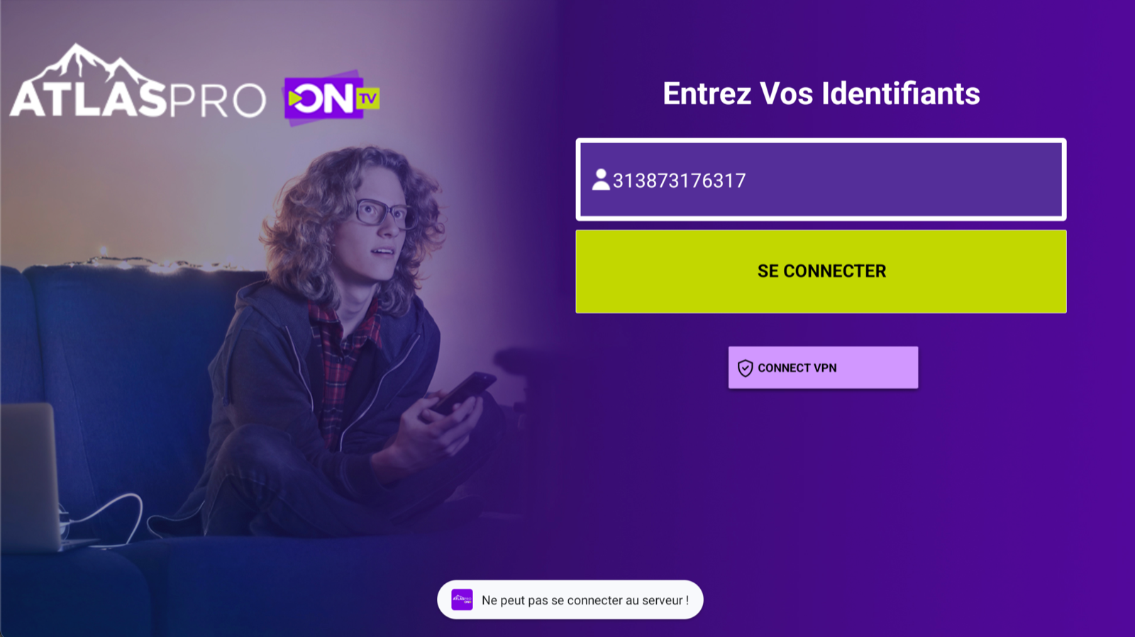 Écran Atlas Pro ONTV avec message de connexion au serveur