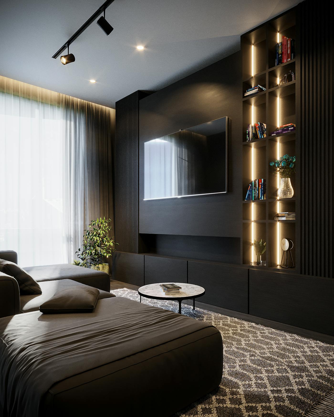 Salon sombre avec grand écran mural